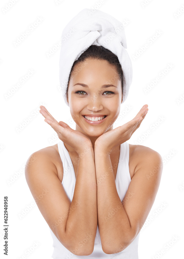 Portrait, happy or woman cleaning, morning routine or smile for facial skincare, hygiene or shower f