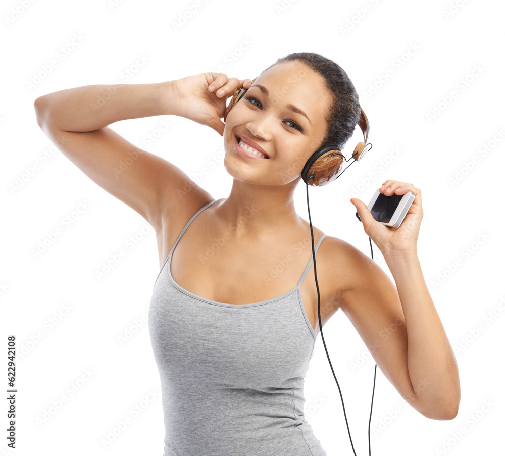 Happy woman, headphones and listening to music or dancing isolated on a transparent PNG background. 