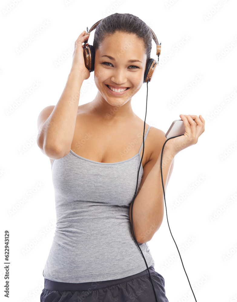 Woman, portrait and headphones listening to music standing isolated on a transparent PNG background.