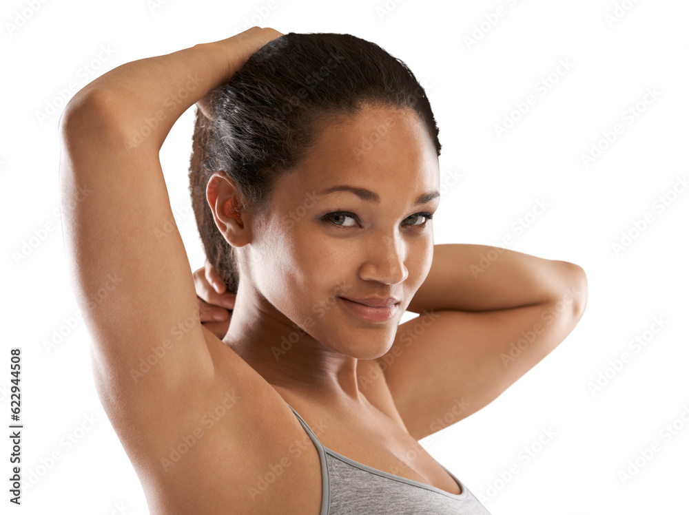 Sports, tie hair and portrait of woman on isolated, png and transparent background for wellness. Fit