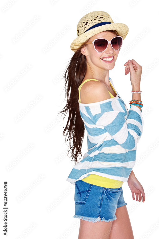 Fashion, happy and portrait of woman with sunglasses on isolated, png and transparent background. Su