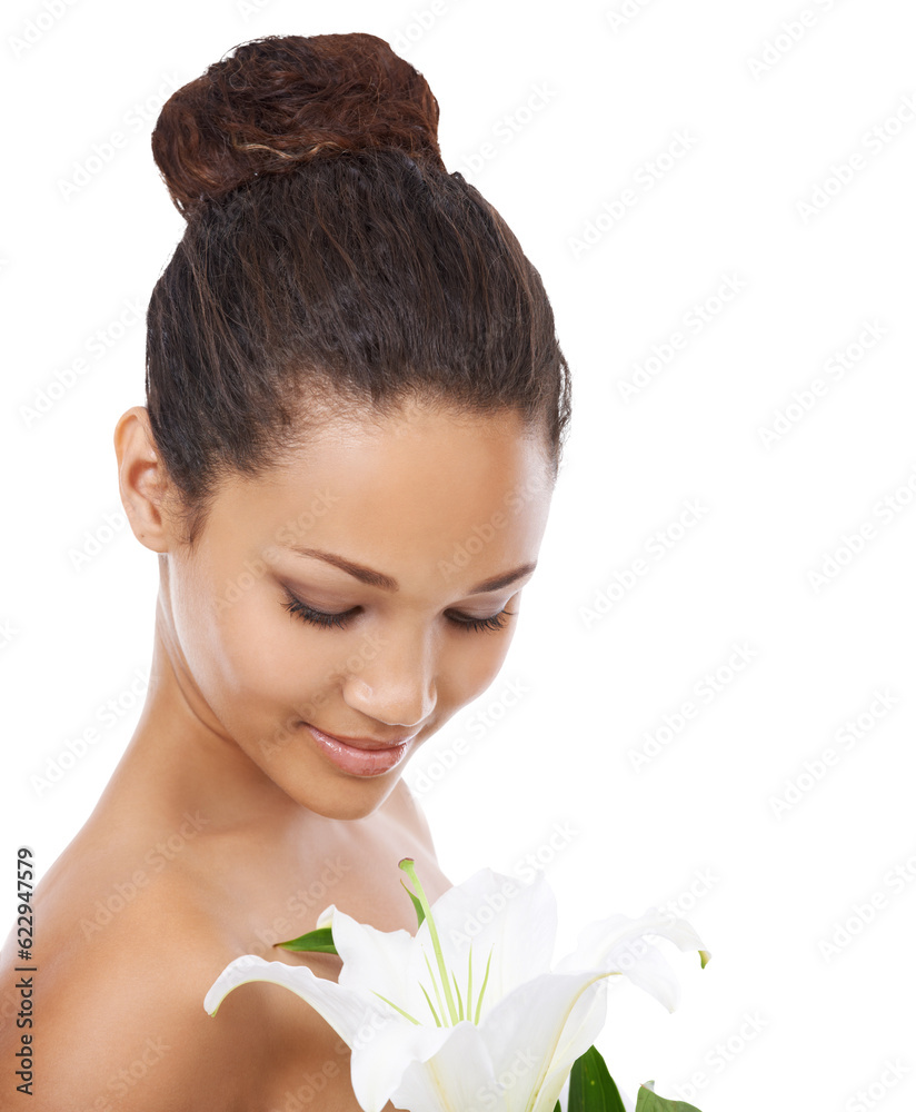 Skincare, beauty and woman with flower for spa on isolated, png and transparent background. Dermatol