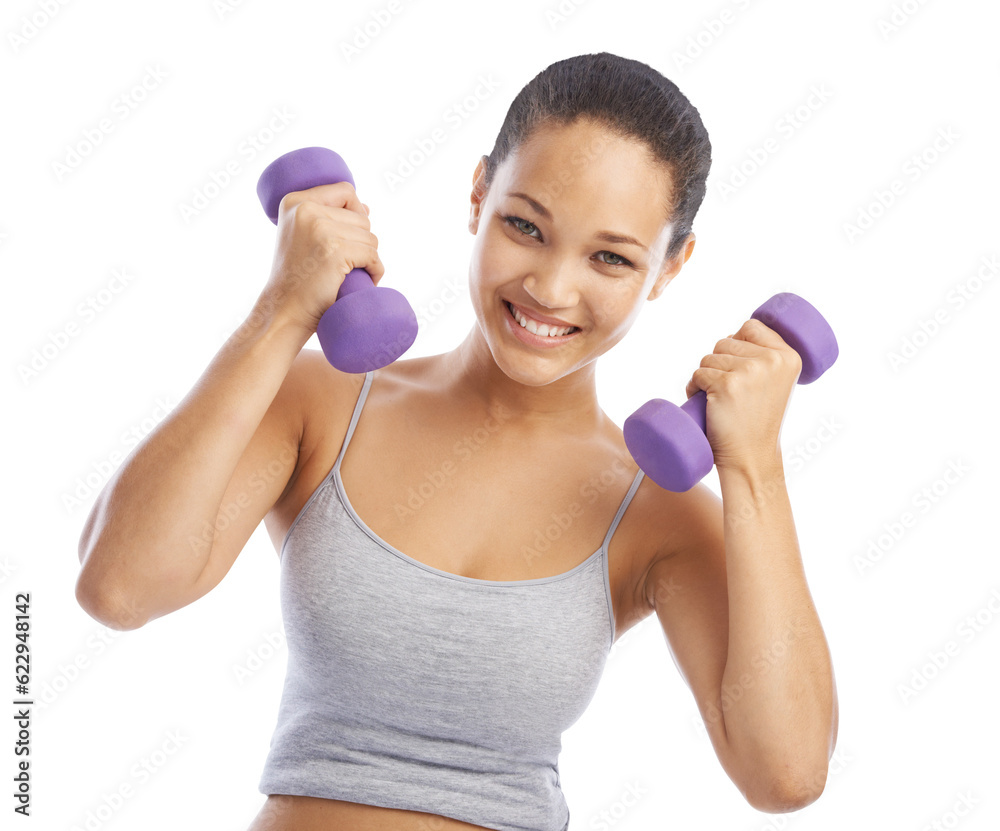 Happy woman, portrait and dumbbell workout for power, exercise and bodybuilding isolated on transpar