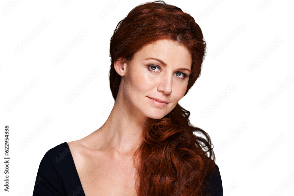 Beauty, hair style and skincare with portrait of woman on png for red head, cosmetics and salon trea