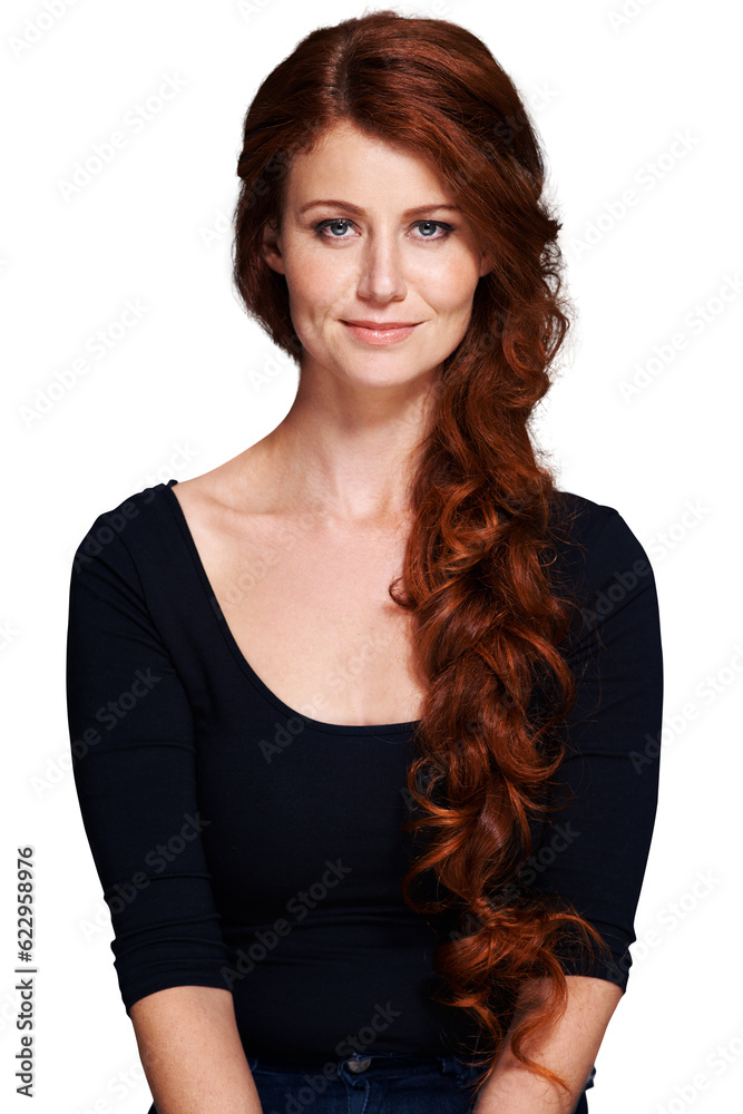 Woman portrait, long or red curly hair with healthy grooming, clean salon hygiene or hairdressing ex