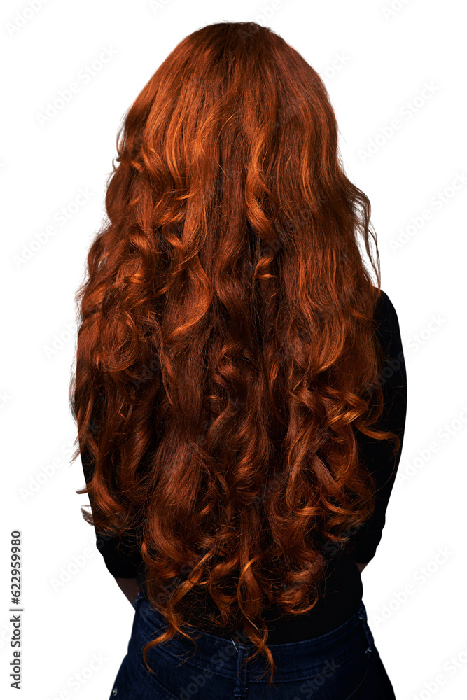 Wavy, back and woman with red hair growth, curly textures and healthy long locks, smooth shine and c