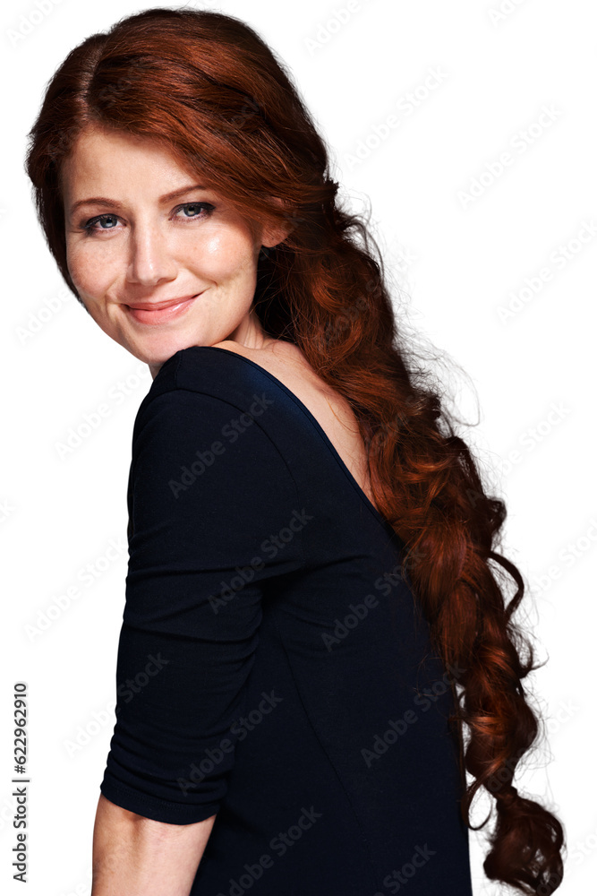 Beauty, hair style and smile with portrait of woman on png for red head, cosmetics and salon treatme