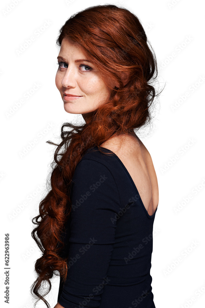 Ginger woman, portrait or red wavy hair with grooming care, clean shampoo hygiene or highlight exten