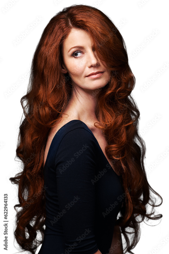 Wavy, long and woman with red hair care, curly texture and hairstyle volume, highlights glow or aubu