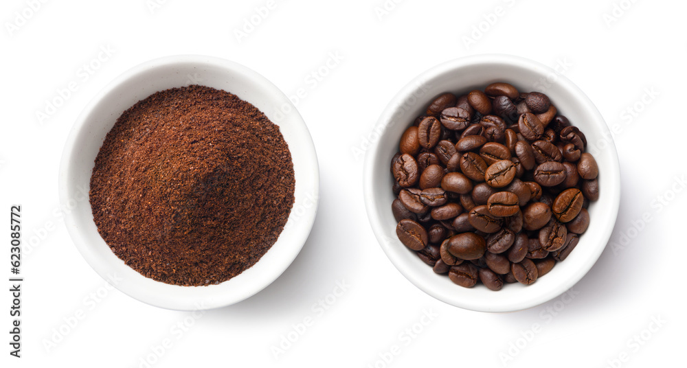 Flat lay of Roasted Coffee beans and ground coffee in white bowl isolated on white background. Clipp