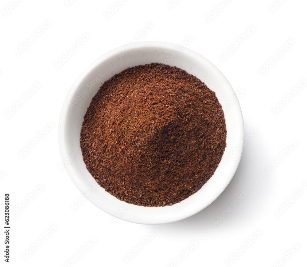 Ground roasted coffee beans in white bowl isolate on white background. Clipping path.