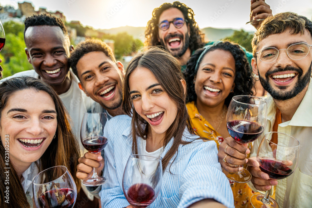 Multiracial friends drinking red wine outside at farm house vineyard countryside - Group of young pe