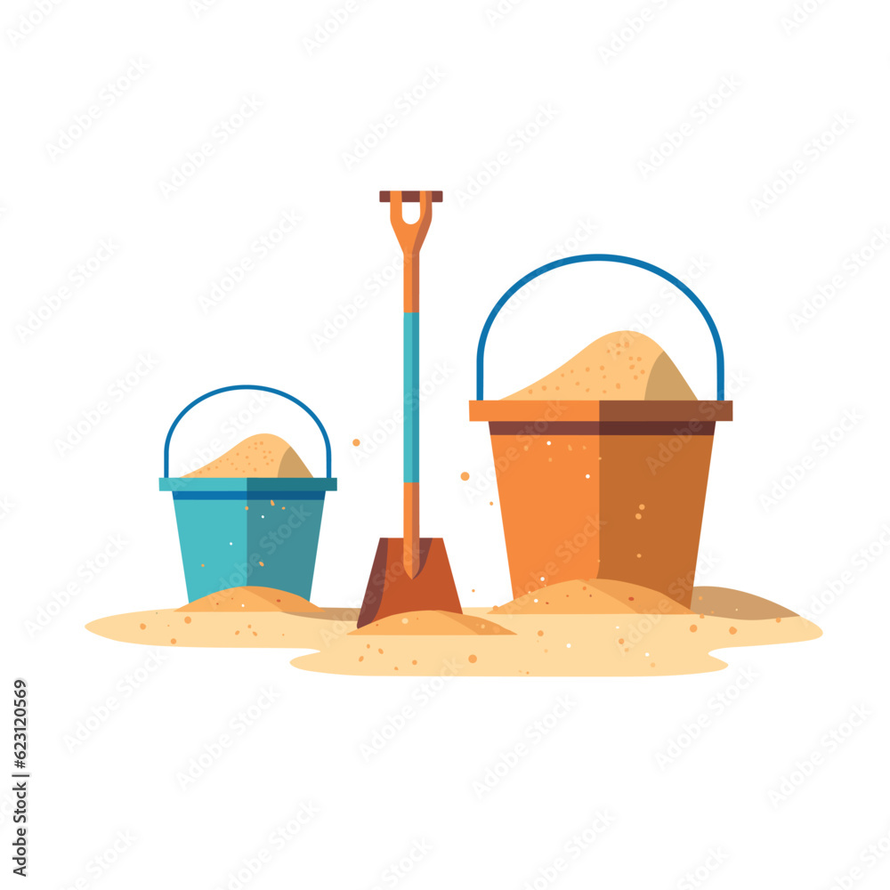 Buckets and scoop with pile of sand isolated on white background. Children play on beach. Summer hol