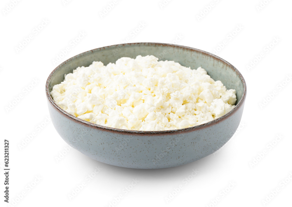 Bowl with tasty cottage cheese on white background