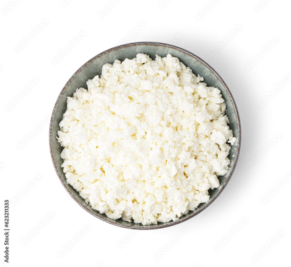 Bowl with tasty cottage cheese on white background