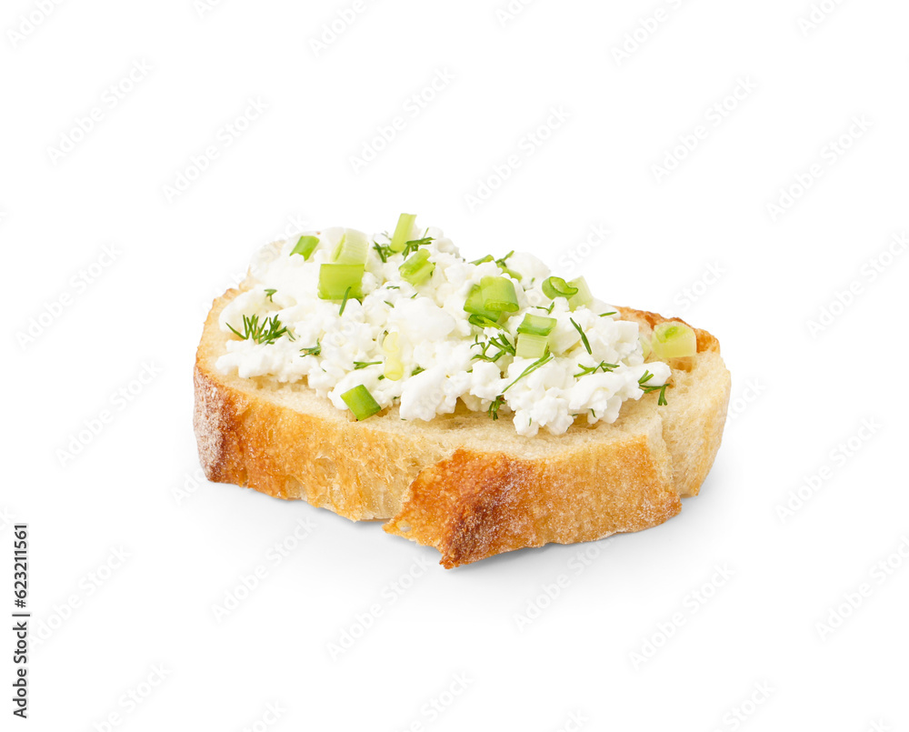 Sandwich with tasty cottage cheese and green onion on white background