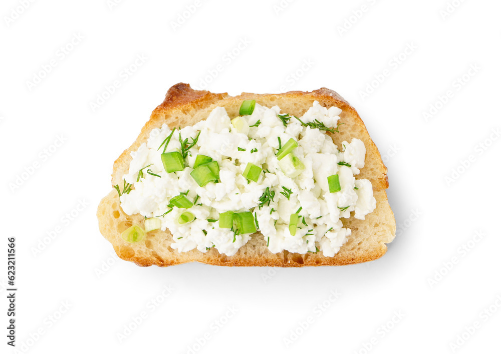 Sandwich with tasty cottage cheese and green onion on white background