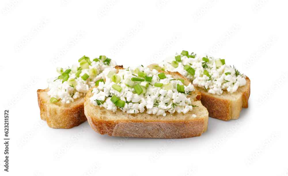 Sandwiches with tasty cottage cheese and green onion on white background