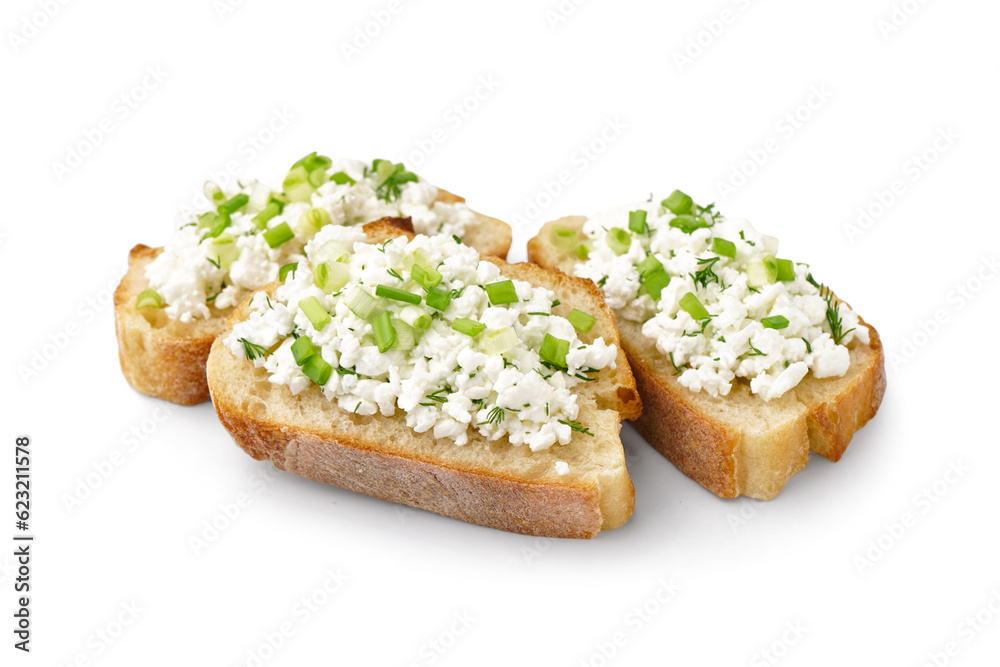 Sandwiches with tasty cottage cheese and green onion on white background