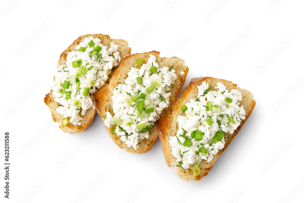 Sandwiches with tasty cottage cheese and green onion on white background