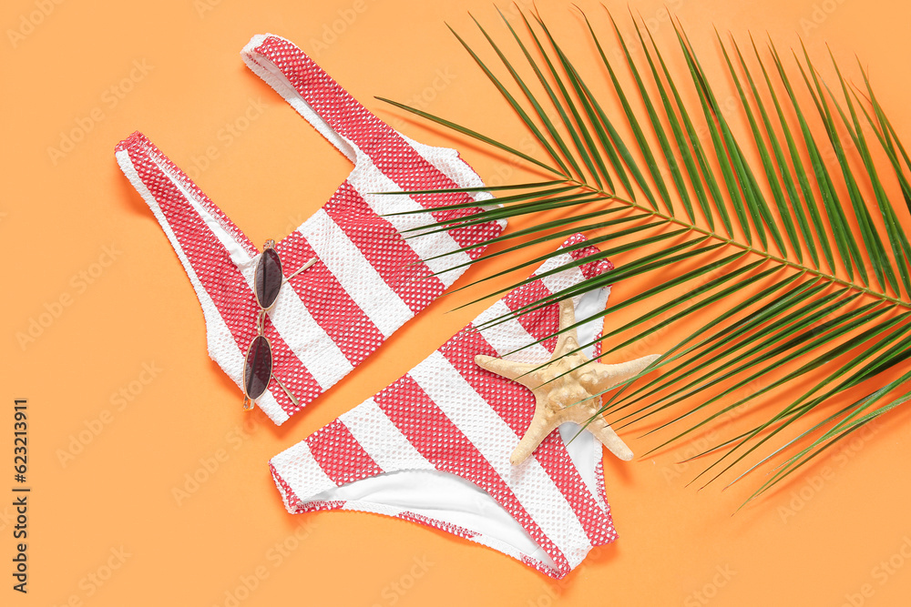 Stylish swimsuit, sunglasses, starfish and palm leaf on color background