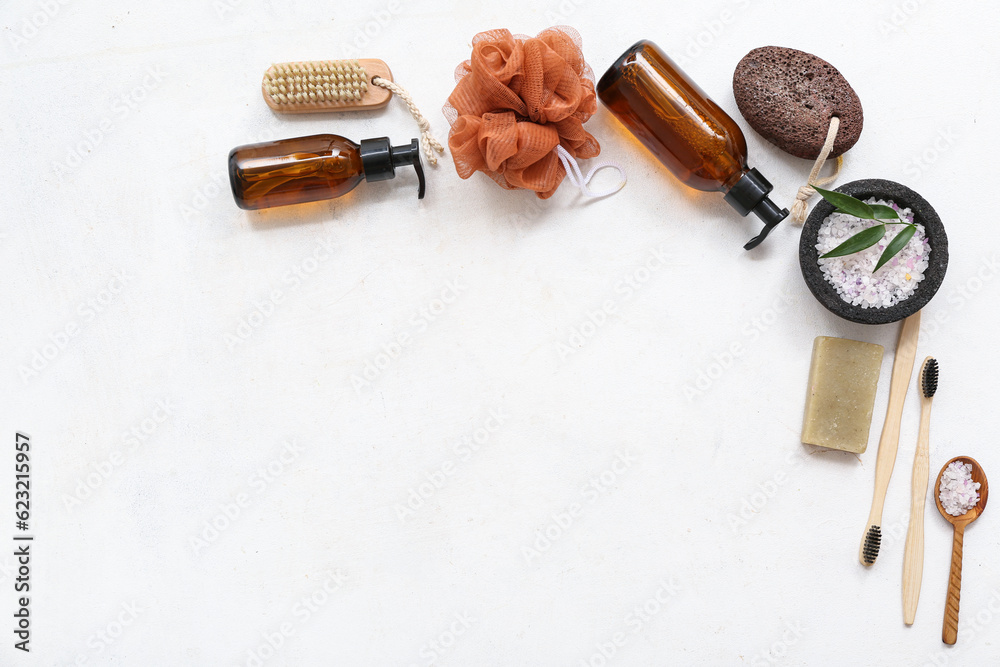 Composition with different bath accessories on light background