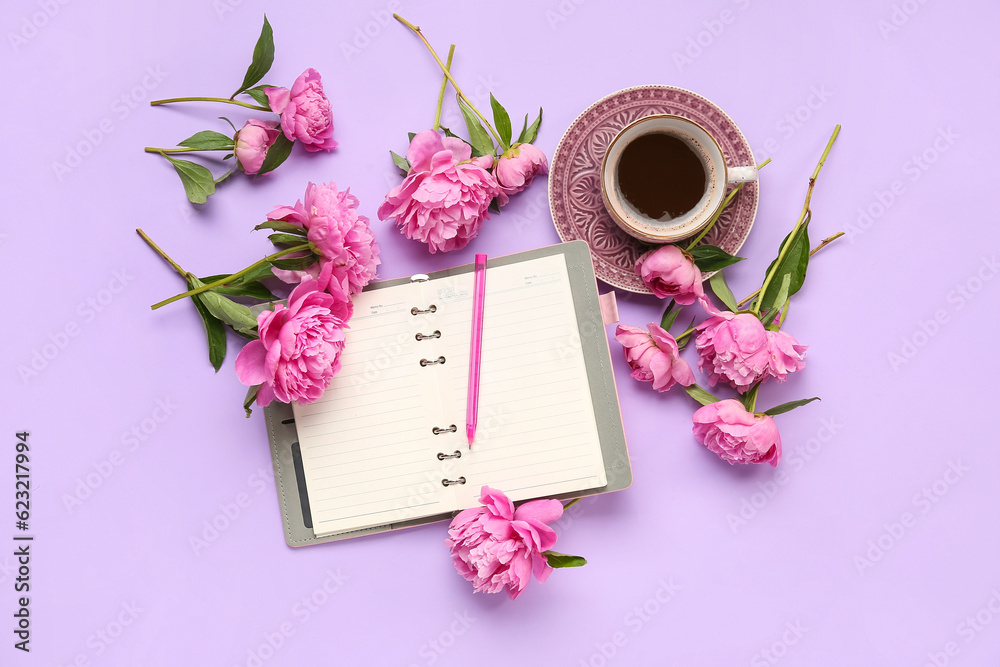 Composition with blank notebook, cup of coffee and beautiful peony flowers on lilac background