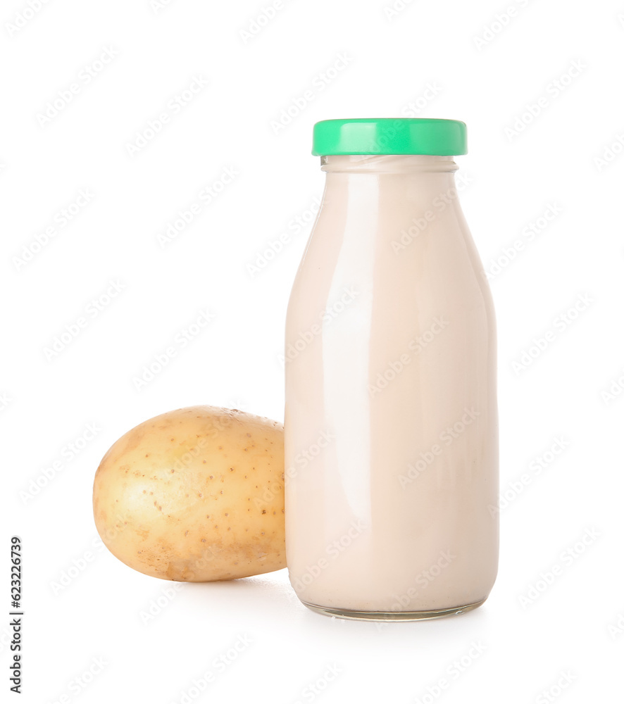 Bottle of tasty potato milk on white background