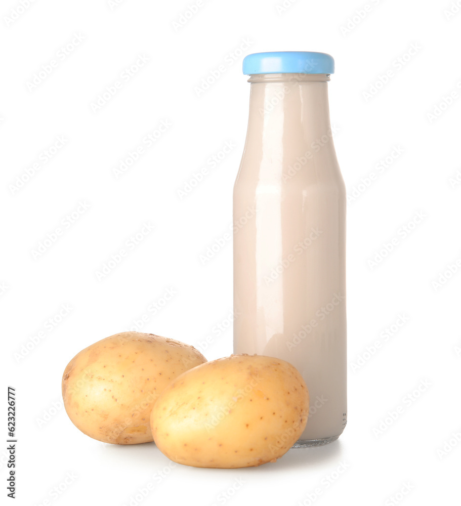 Bottle of tasty potato milk on white background