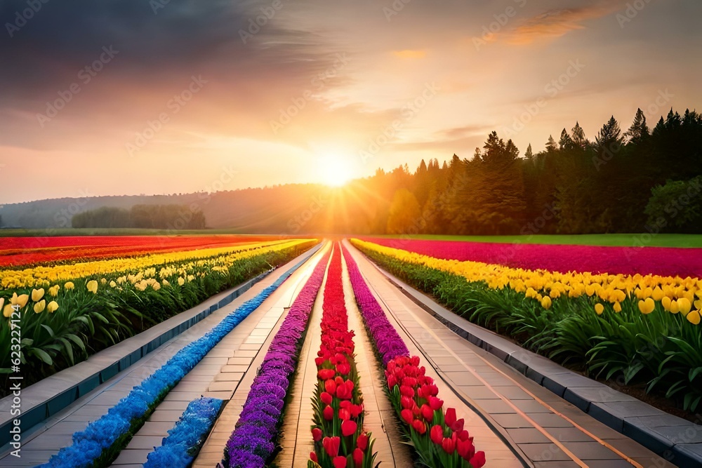 Spring tulip flowers in a row of different colors  generated Ai technology