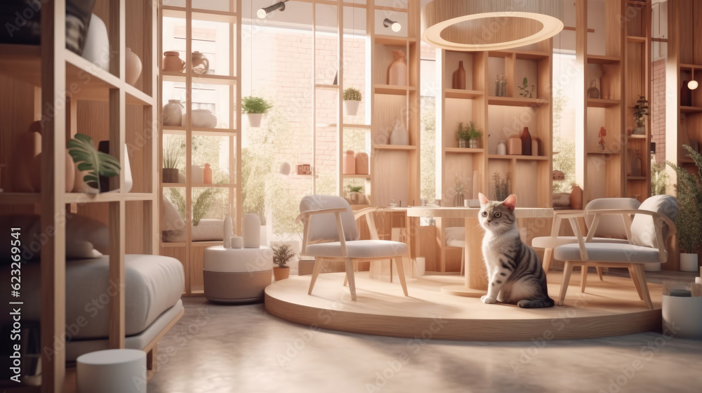 Modern cat cafe interior