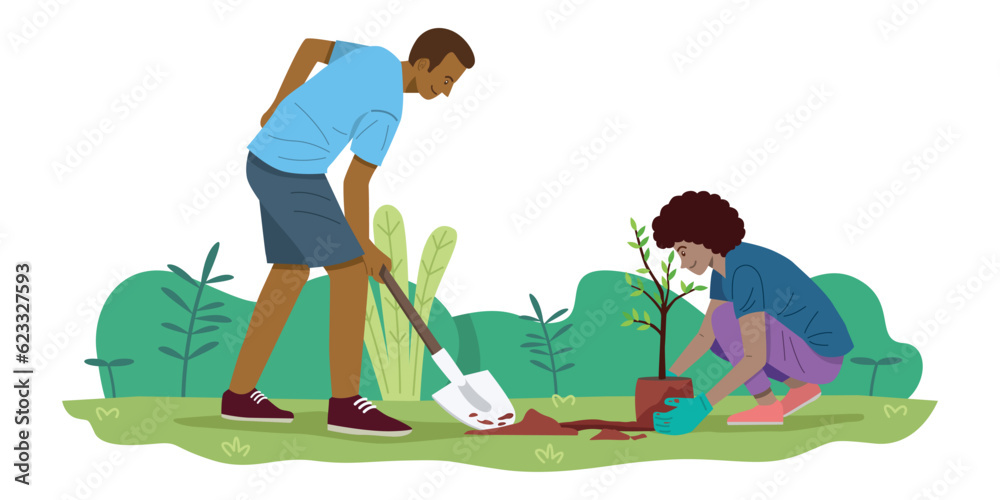 Sustainability concept, woman and man planting young tree in the garden, Vector