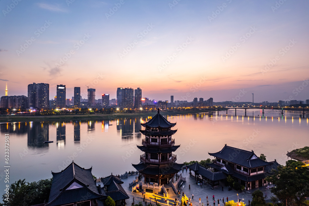 China Zhuzhou Separation Pavilion, beautiful ancient pavilion at dusk