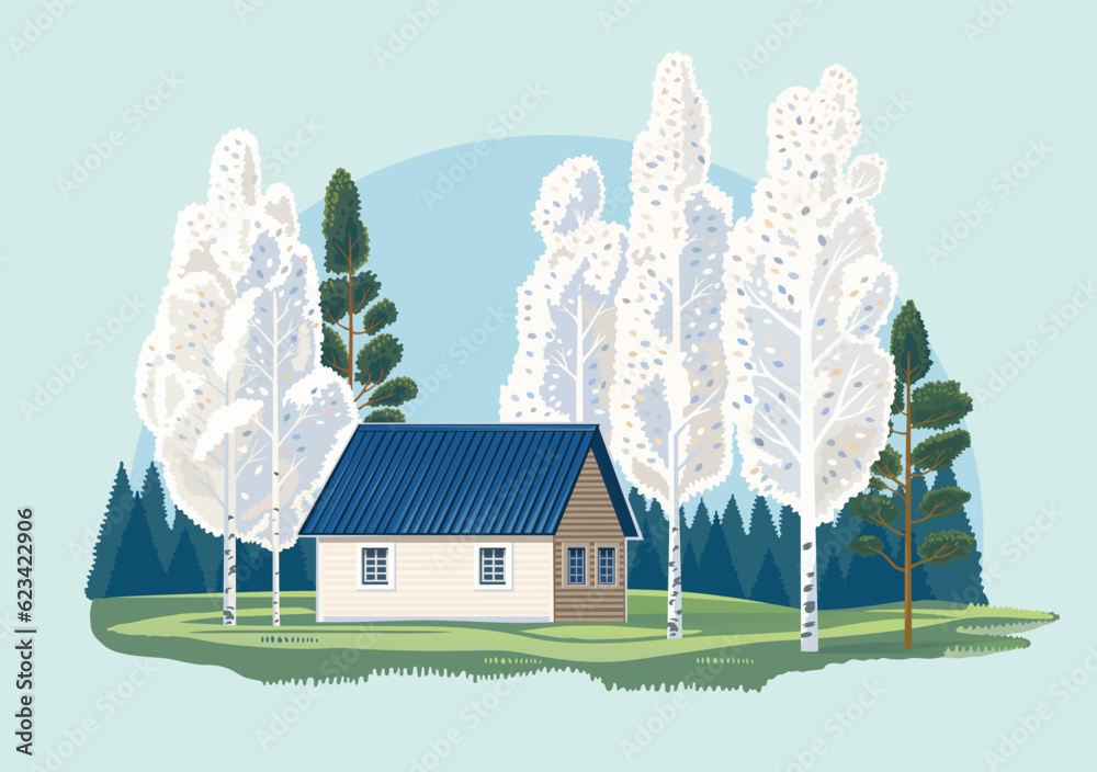 Landscape with a country house on the outskirts of the forest, vector illustration.