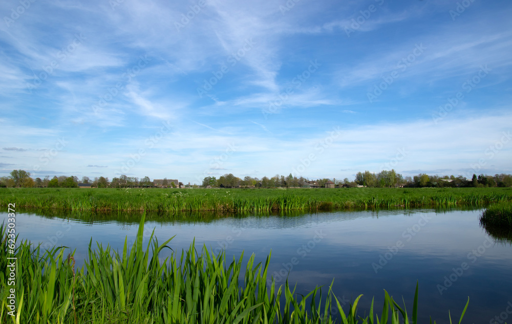 Landscape green meadow and canal with clear water