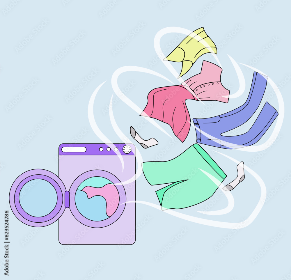 Quick wash setting. Illustration of clothes flying inside washing machine on light blue background