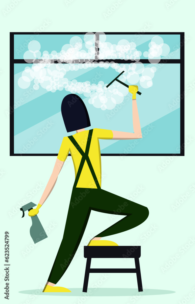 Fast cleaning service. Illustration of worker wiping window with squeegee indoors