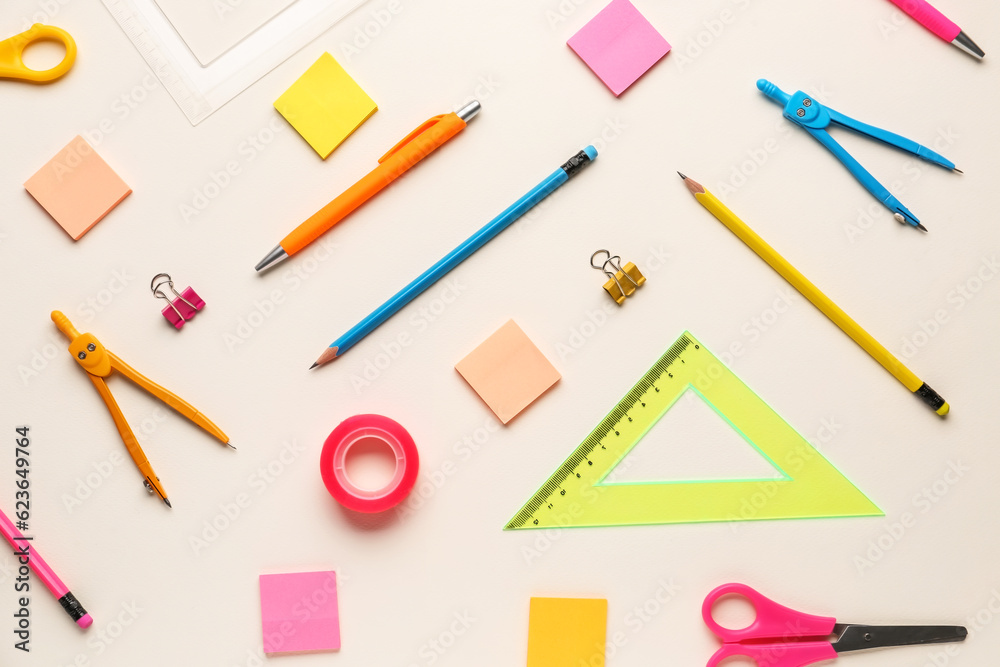 Composition with different stationery on light background