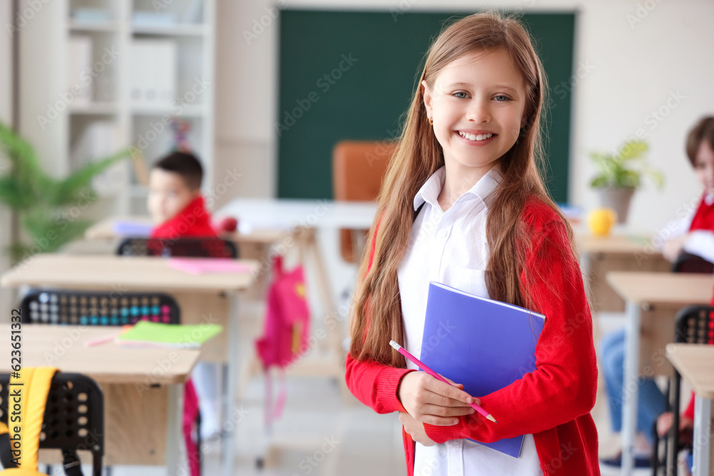 Little schoolgirl with copybook in classroom