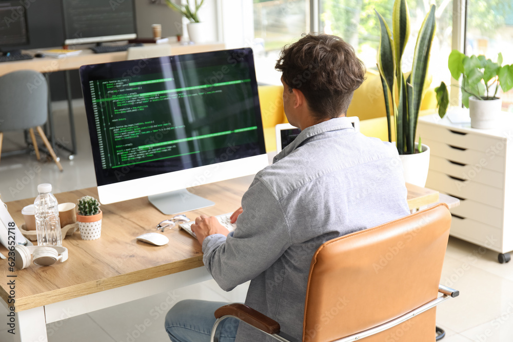 Male programmer working with computer at table in office