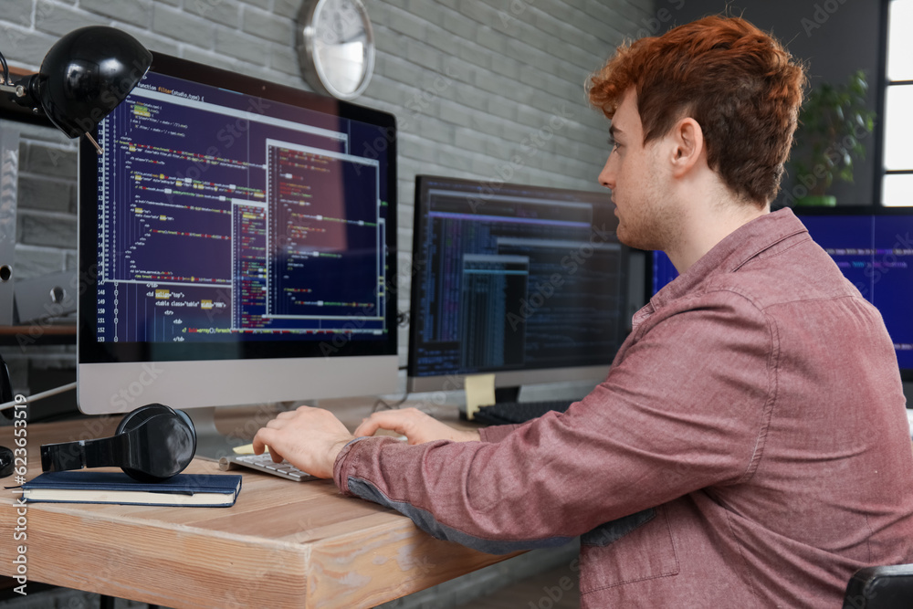 Male programmer working with computer at table in office