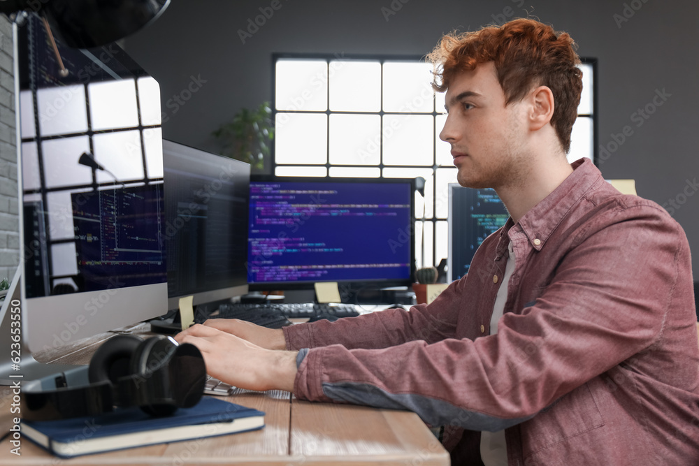 Male programmer working with computer at table in office