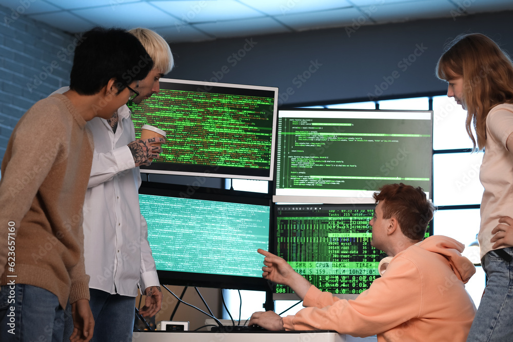 Team of young programmers working in office