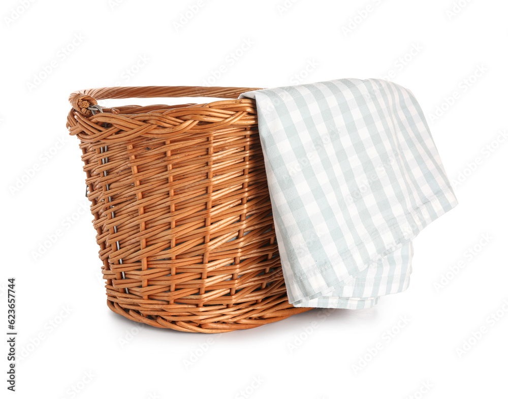 Wicker picnic basket with clean napkin isolated on white background