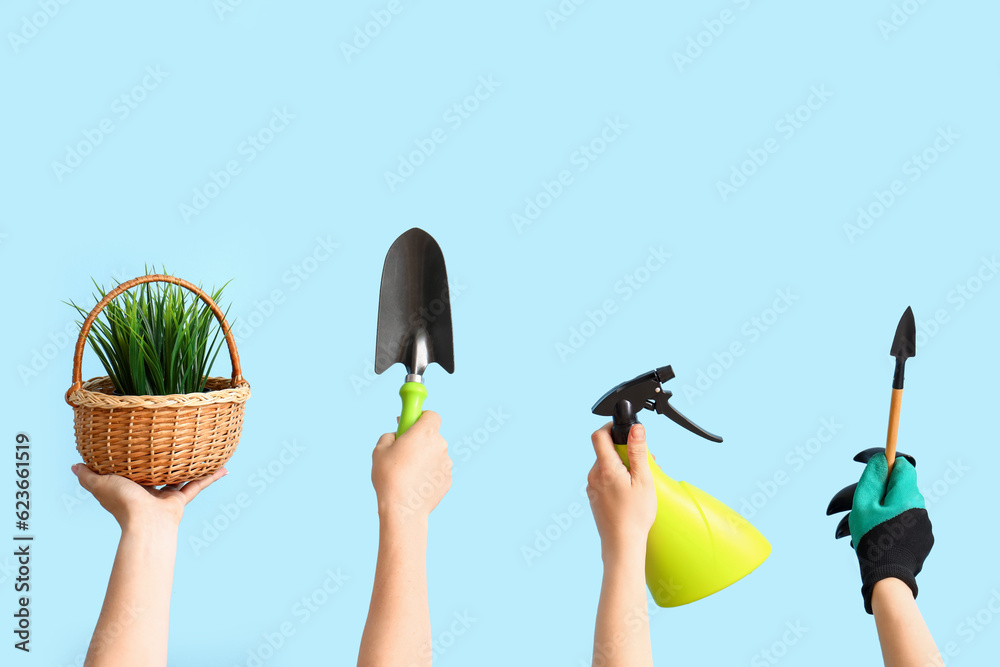 Women with gardening tools and grass on blue background