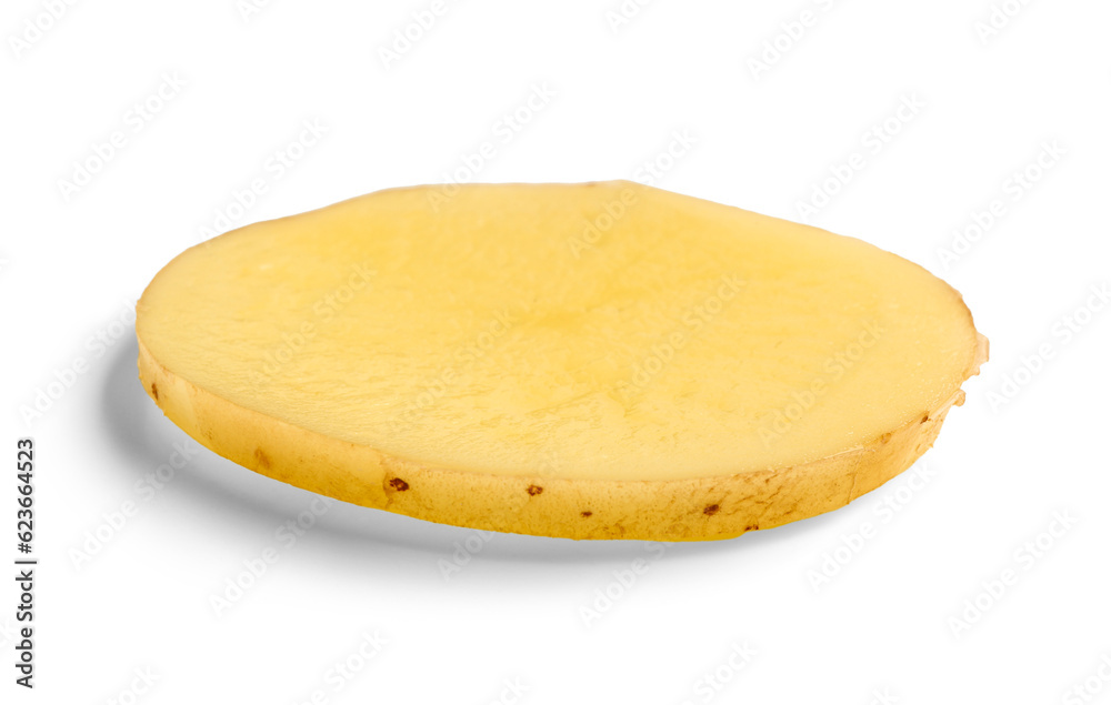 Slice of raw potato isolated on white background