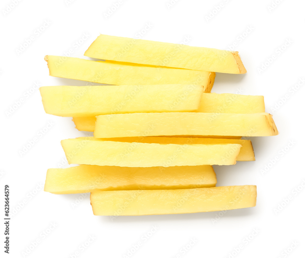 Sticks of raw potato isolated on white background