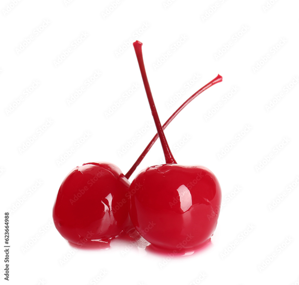 Tasty maraschino cherries on white background