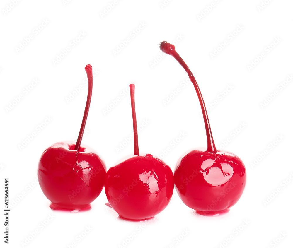 Tasty maraschino cherries on white background