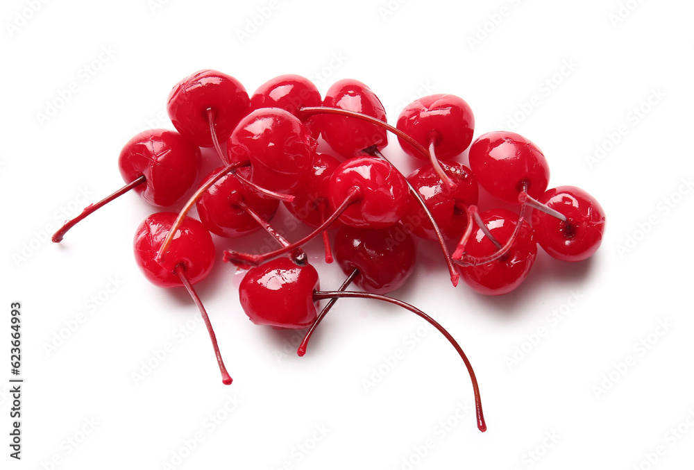 Heap of tasty maraschino cherries on white background